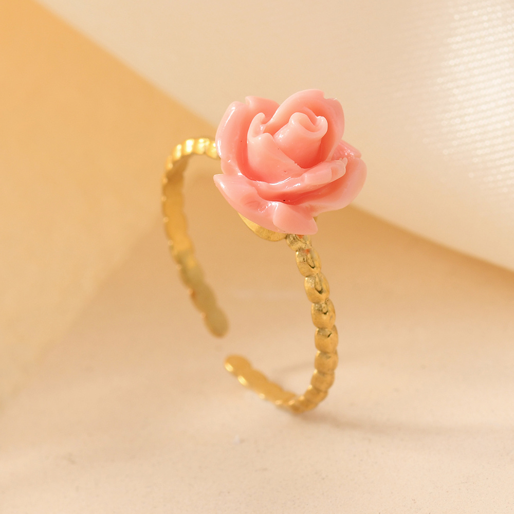 New Pink Embossed Flower Shell Pink Synthetic Rose Ring